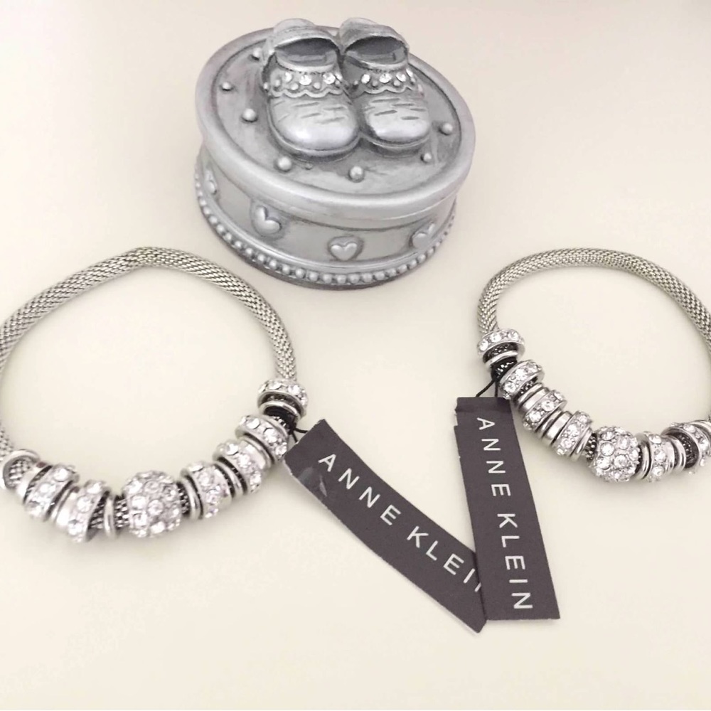 Silver Anne Klein Two Bracelets, Women, Size 7” Rhinestone Beads, New with Tags